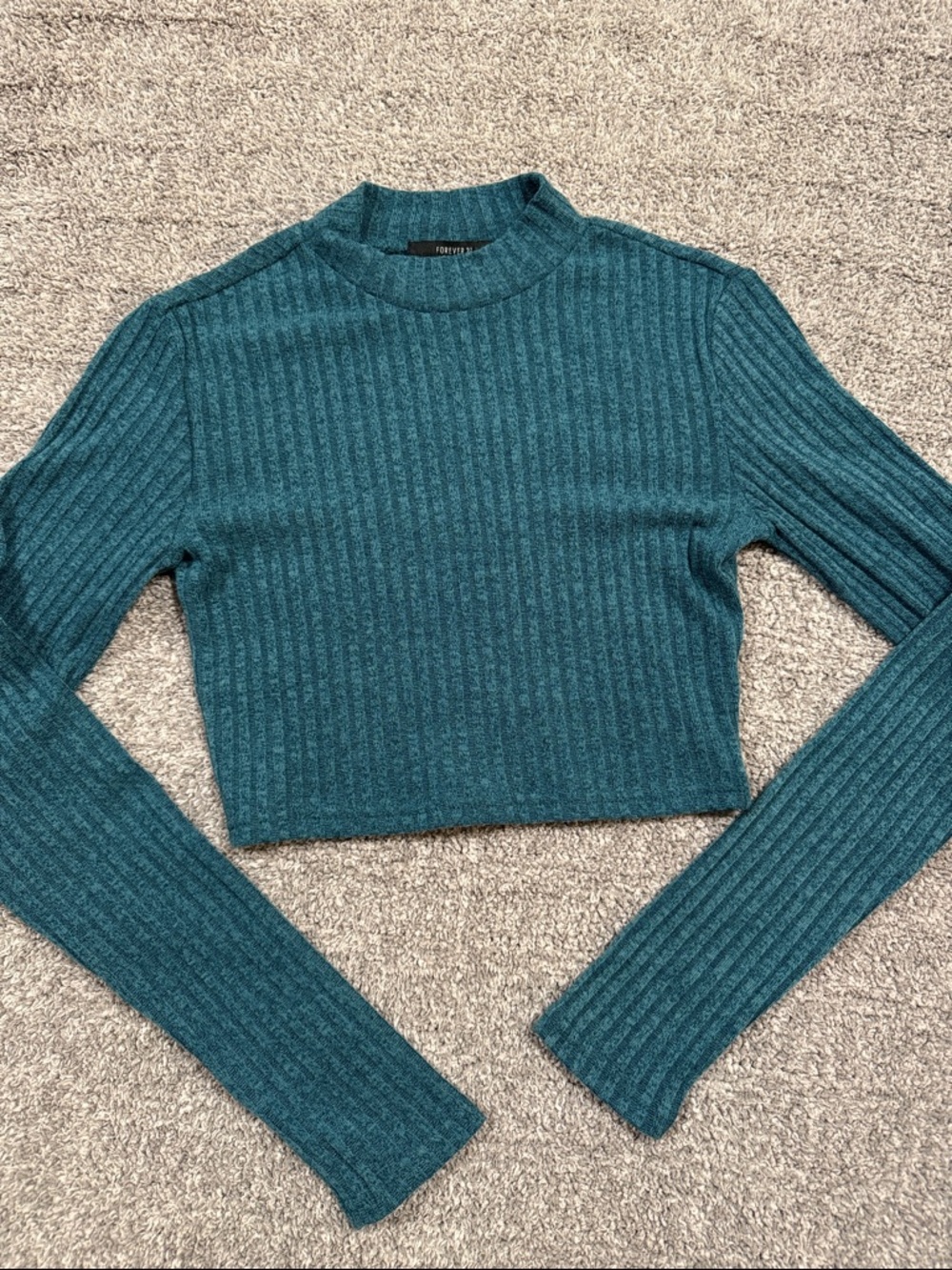 Forever 21 Teal Ribbed Cropped Mock Neck Long-Sleeve Top